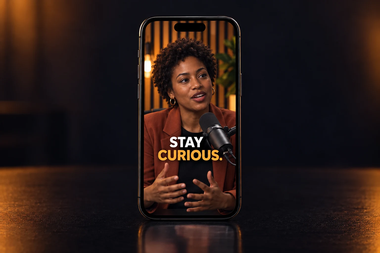 Phone mockup showing a vertical podcast reel with bold captions.