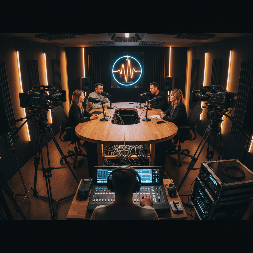 Behind-the-scenes multi-camera professional podcast recording session with audio mixing at Pod Bros Media's Scottsdale podcast studio