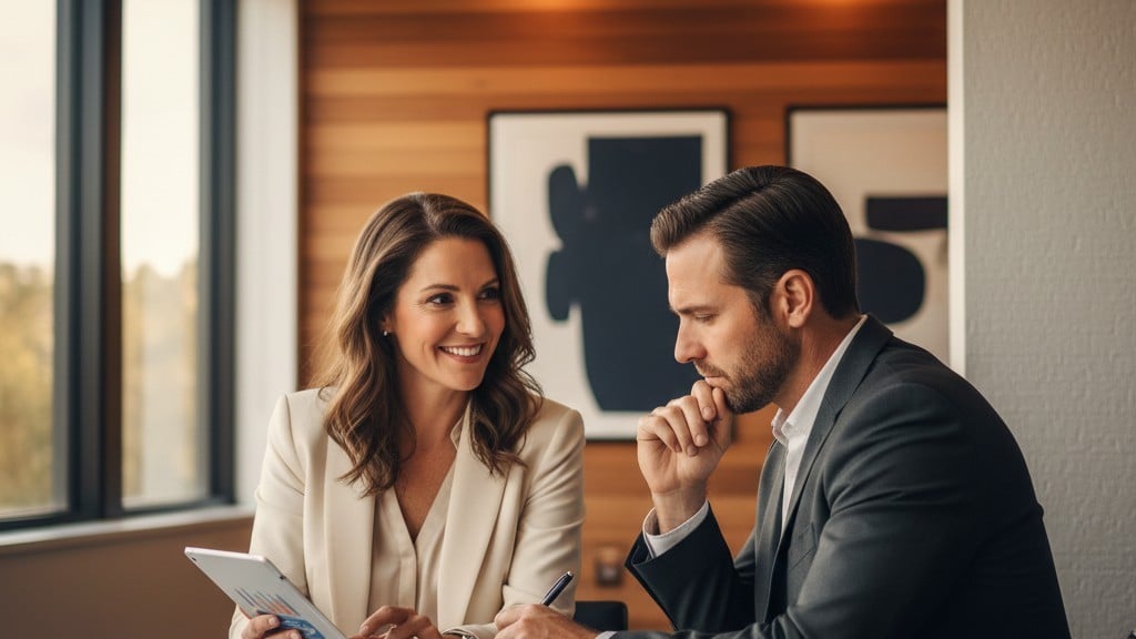 Business coach in conversation with executive client at Pod Bros Media studio in Scottsdale Arizona