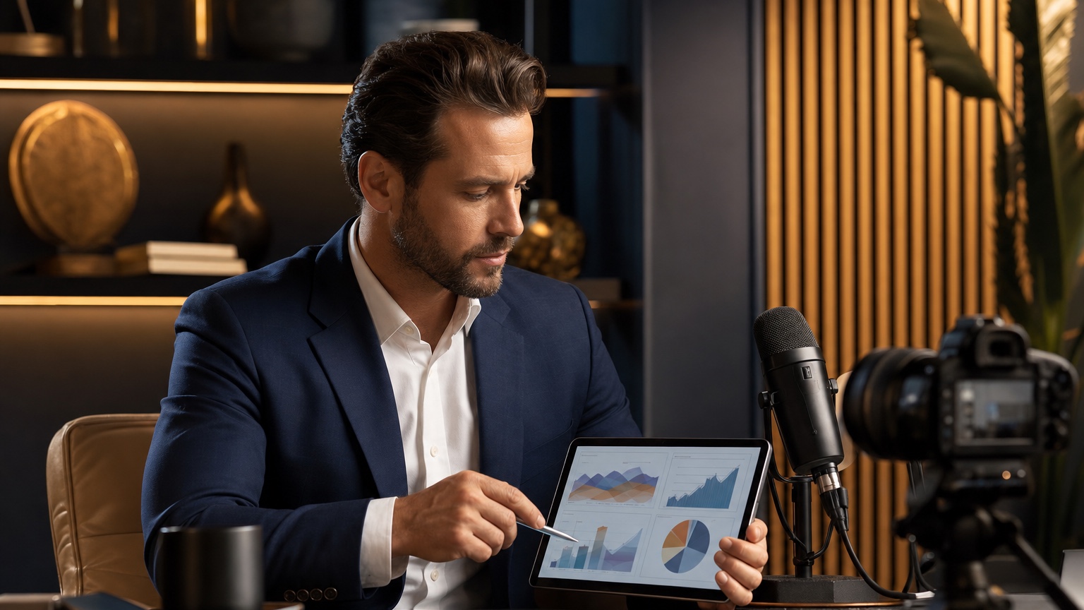 Business coach reviewing proof-backed content in a Scottsdale podcast studio for Pod Bros Media