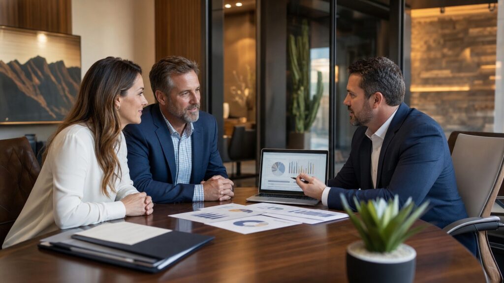Insurance agency owner explaining renewal options to a business client in Scottsdale Arizona