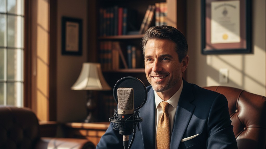 Boutique law firm attorney recording a branded podcast in a warm office - Pod Bros Media Scottsdale Arizona