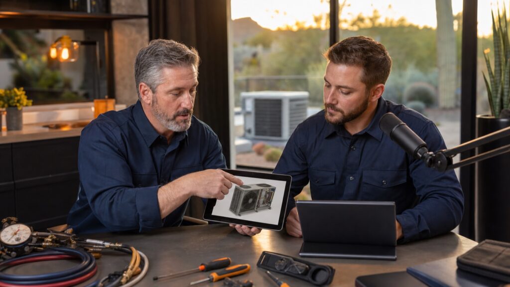 HVAC contractor explaining refrigerant changes for homeowners in Scottsdale Arizona