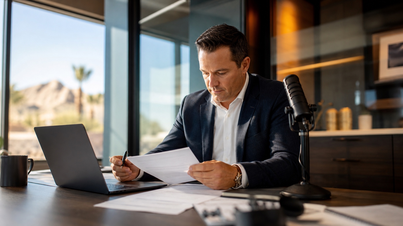 Insurance agency owner reviewing client education materials in Scottsdale Arizona