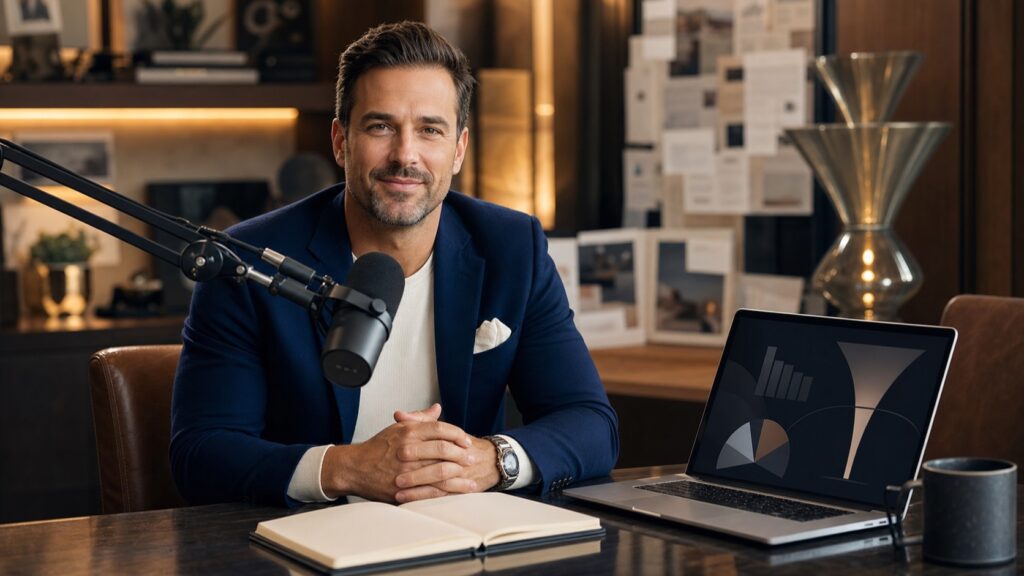 Business coach recording authority content in a Scottsdale podcast studio for low ticket funnel trust