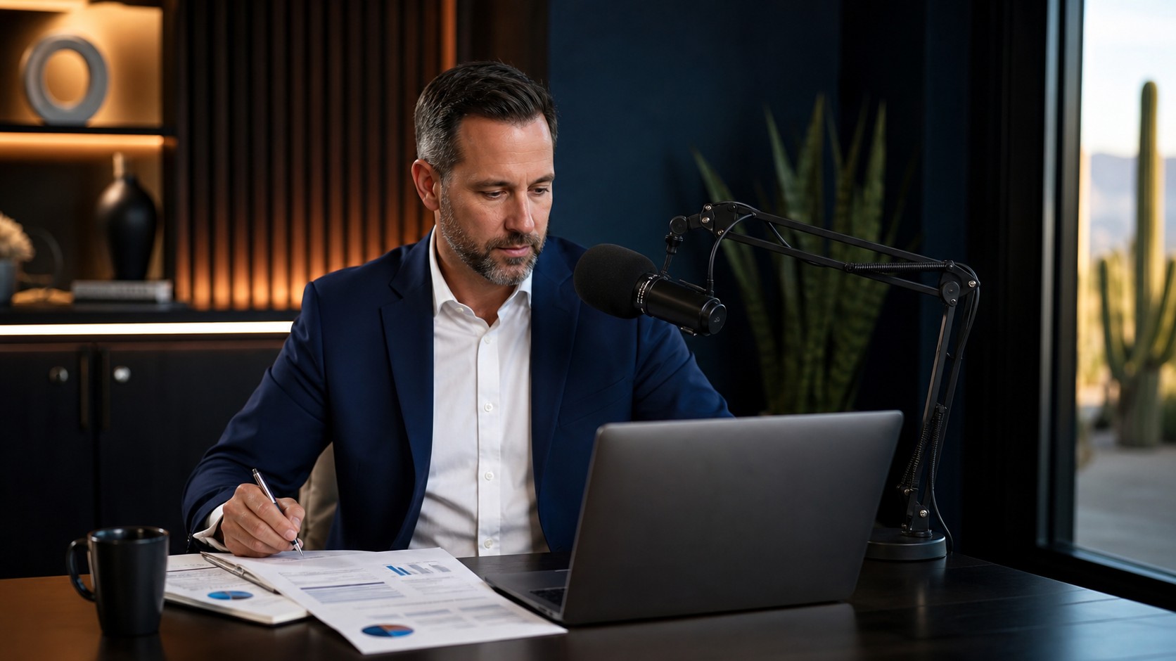 CPA recording client education in a Scottsdale podcast studio for Pod Bros Media Arizona