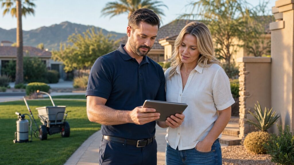 Pest control and lawn care contractor educating a Scottsdale homeowner with Pod Bros Media Arizona