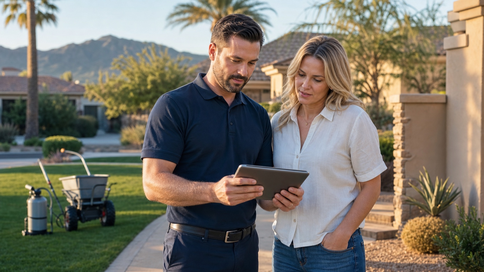 Pest control and lawn care contractor educating a Scottsdale homeowner with Pod Bros Media Arizona