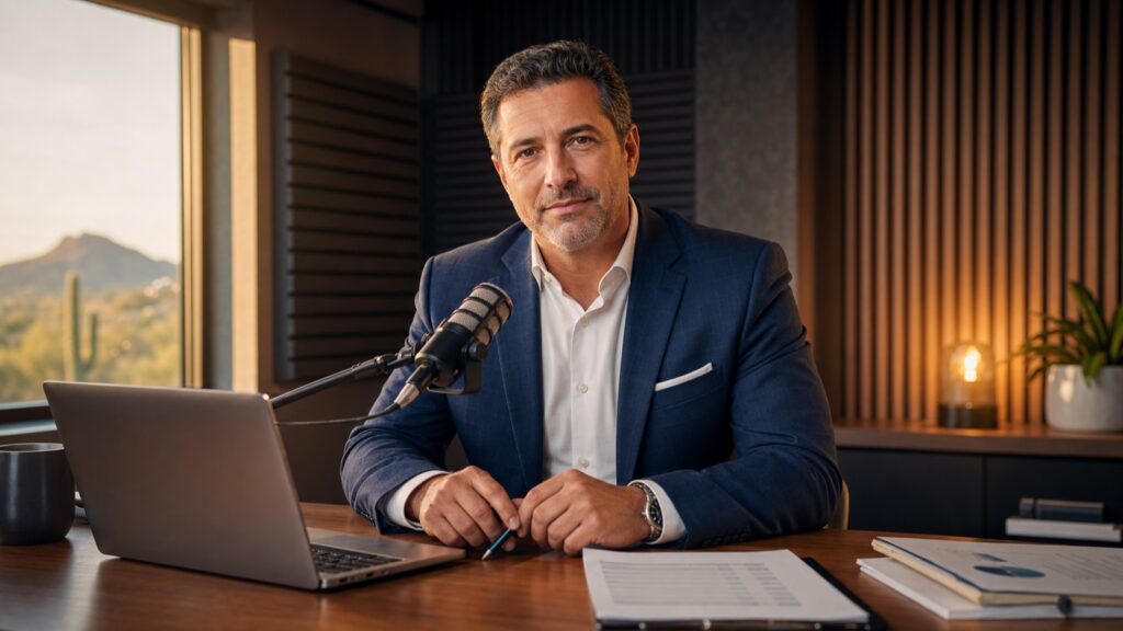 Financial advisor recording client education podcast in Scottsdale Arizona