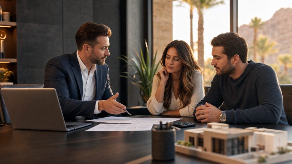 Mortgage advisor educating young buyers in Scottsdale Arizona office for Pod Bros Media