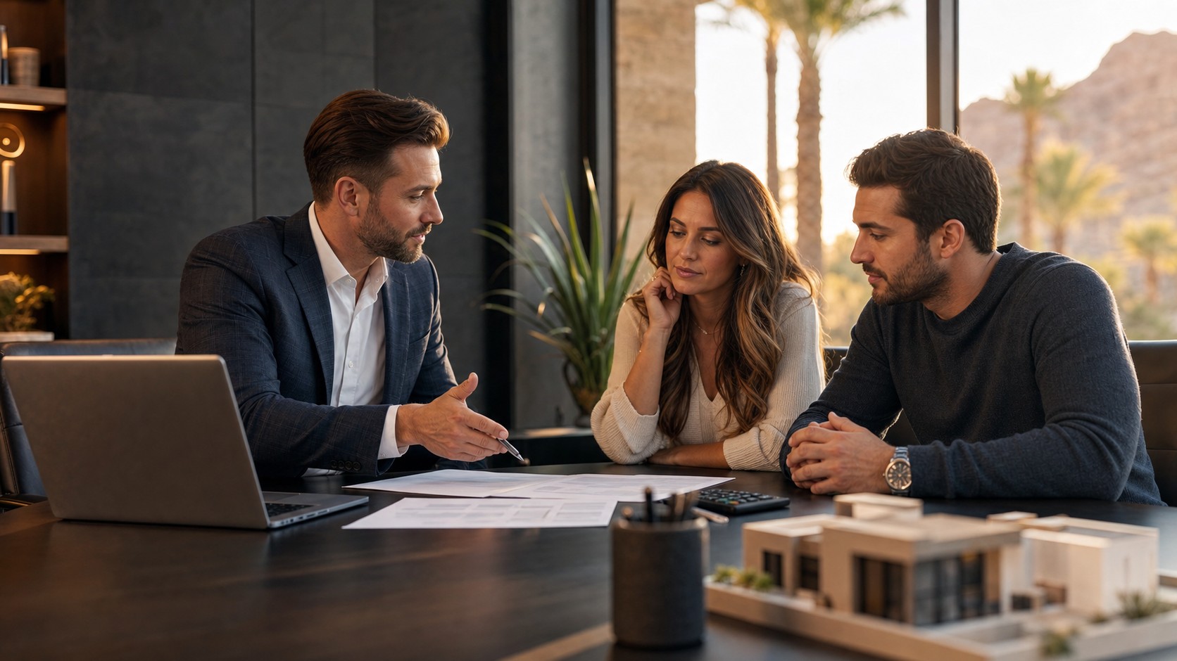 Mortgage advisor educating young buyers in Scottsdale Arizona office for Pod Bros Media
