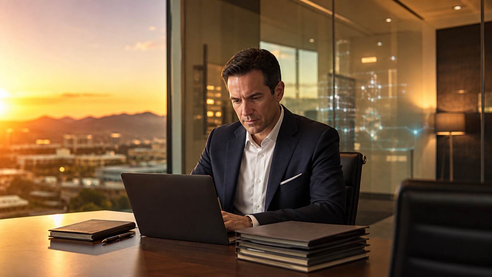 Financial advisor reviewing AI client notes in Scottsdale Arizona for Pod Bros Media