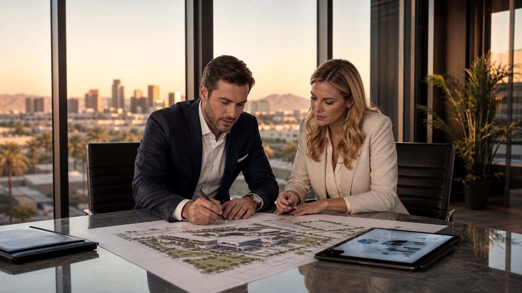 Commercial real estate professionals reviewing market context in a Scottsdale conference room