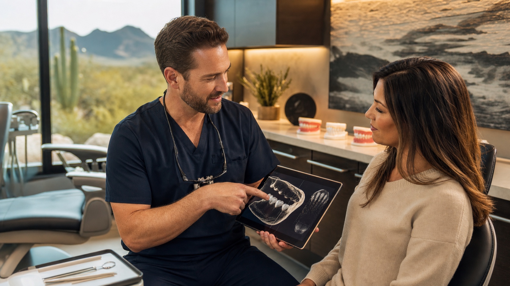Dentist explaining AI assisted dental imaging to a patient in Scottsdale Arizona