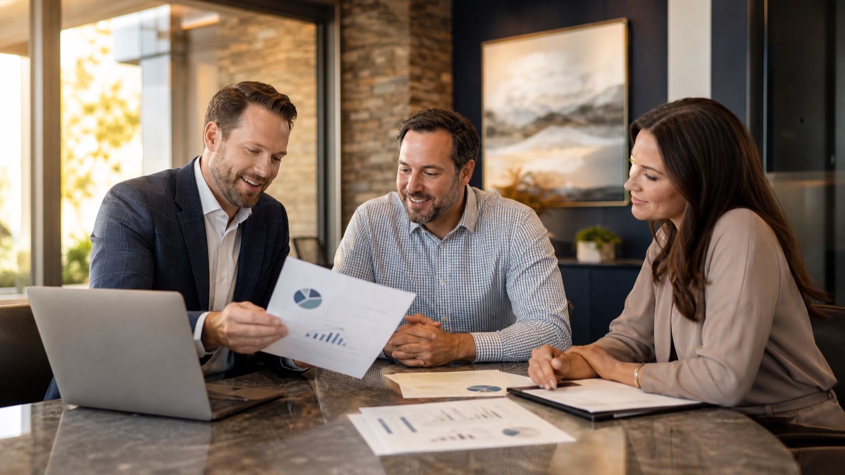 Benefits broker explaining health insurance costs to employer clients in Scottsdale Arizona