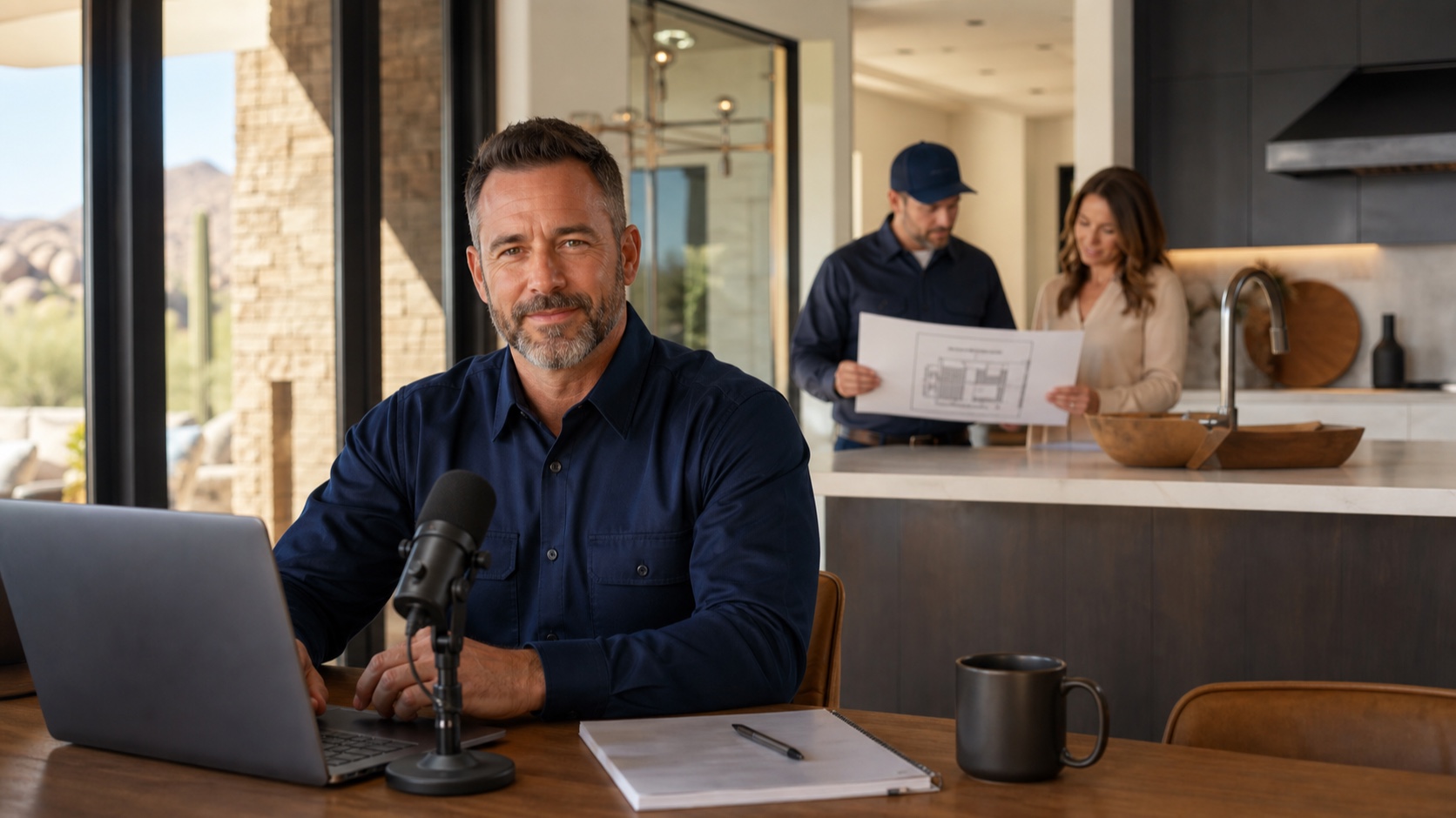 HVAC company owner recording expert answers for homeowners with Pod Bros Media in Scottsdale Arizona