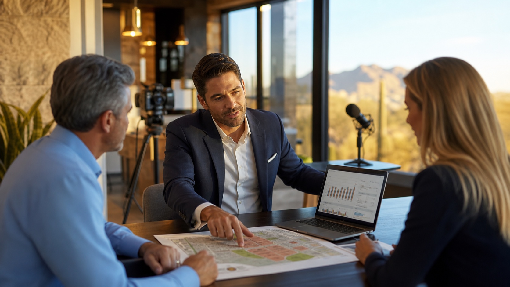 Real estate agent sharing Phoenix market proof with clients at Pod Bros Media Scottsdale Arizona